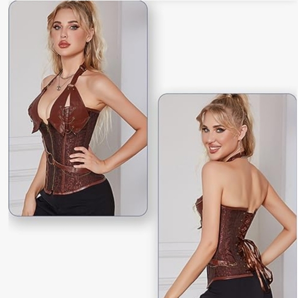 Steampunk Corset Brown Leather Detail 2XL with very detailed bodice. - Picture 3 of 6